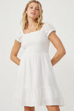 HY6004 IVORY Women Textured Puff Sleeve Smocked Squareneck Dress Full Body