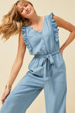 HY6111 LIGHT DENIM Womens Tencel Buttoned Ruffle Tank Wideleg Jumpsuit Front