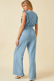 HY6111 LIGHT DENIM Womens Tencel Buttoned Ruffle Tank Wideleg Jumpsuit Back