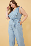 HY6111W LIGHT DENIM Plus Tencel Buttoned Ruffle Tank Wideleg Jumpsuit Front