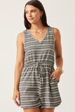 HY6112 BLACK Womens Engineered Stripe Drawstring Sleeveless Romper Front