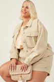 HY6141W BEIGE Plus Washed Cargo Pocket Contrast Stitch Colored Denim Jacket Pose