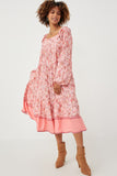 HY6252 PINK Womens Border Print Long Sleeve Ruffle Shoulder Dress Full Body