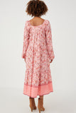 HY6252 PINK Womens Border Print Long Sleeve Ruffle Shoulder Dress Back