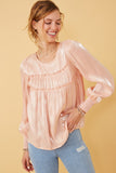 HY6372 BLUSH Womens Iridescent Ruffled Smock Cuff Top Front