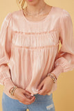 HY6372 BLUSH Womens Iridescent Ruffled Smock Cuff Top Detail