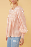 HY6372 BLUSH Womens Iridescent Ruffled Smock Cuff Top Side