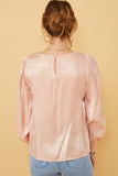 HY6372 BLUSH Womens Iridescent Ruffled Smock Cuff Top Back