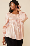 HY6372W BLUSH Plus Iridescent Ruffled Smock Cuff Top Pose