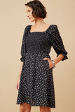 HY6509 Black Womens Ditsy Floral Smocked Square Neck Dress Side
