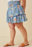 HY6660W BLUE Plus Floral Tiered Skirt With Smocked Panel Waist Side