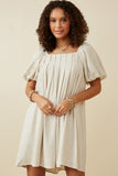 HY6766 Beige Womens Puff Sleeve Box Pleat Detail Square Neck Dress Front