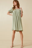 HY6766 Sage Womens Puff Sleeve Box Pleat Detail Square Neck Dress Full Body