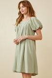 HY6766 Sage Womens Puff Sleeve Box Pleat Detail Square Neck Dress Side