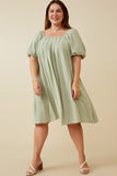 HY6766W Sage Plus Puff Sleeve Box Pleat Detail Square Neck Dress Full Body