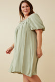 HY6766W Sage Plus Puff Sleeve Box Pleat Detail Square Neck Dress Front