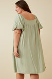 HY6766W Sage Plus Puff Sleeve Box Pleat Detail Square Neck Dress Back