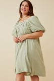 HY6766W Sage Plus Puff Sleeve Box Pleat Detail Square Neck Dress Side