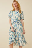 Womens Textured Floral Ruffle Neck Short Sleeve Dress