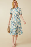 HY6773 Blue Womens Textured Floral Ruffle Neck Short Sleeve Dress Full Body