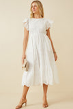 HY6779 Off White Women Scallop Hem Floral Crochet Eyelet Dress Full Body