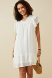 HY6803 OFF WHITE Womens Texture Striped Ruffle Sleeve V Neck Dress Front