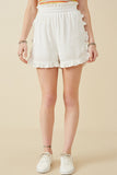 HY6846 Off White Womens Ruffle Trimmed Elastic Waist Soft Shorts Front