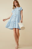 HY6879 Blue Womens Textured Button Down Collared Dress Full Body