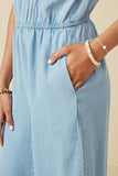 HY6952 Light Denim Womens Ruffled Halter Wideleg Denim Tencel Jumpsuit Detail