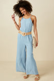 HY6952 Light Denim Womens Ruffled Halter Wideleg Denim Tencel Jumpsuit Full Body