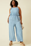 HY6952W Light Denim Plus Ruffled Halter Wideleg Denim Tencel Jumpsuit Full Body