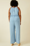 HY6952W Light Denim Plus Ruffled Halter Wideleg Denim Tencel Jumpsuit Back