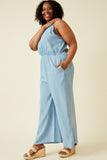 HY6952W Light Denim Plus Ruffled Halter Wideleg Denim Tencel Jumpsuit Side