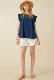 HY6958 Dark Denim Womens Ruffle Detailed Smocked Denim Tencel Tank Full Body