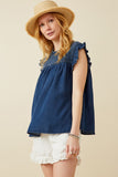 HY6958 Dark Denim Womens Ruffle Detailed Smocked Denim Tencel Tank Side