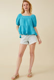 HY7118 Blue Womens Washed Smock Detail Puff Sleeve Gauze Top Full Body