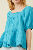 HY7118 Blue Womens Washed Smock Detail Puff Sleeve Gauze Top Side