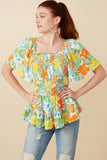 HY7159 Blue Mix Womens Resort Floral Smocked Peplum Top Front