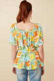 HY7159 Blue Mix Womens Resort Floral Smocked Peplum Top Back