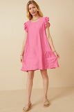 HY7194 Pink Womens Side Panel Detailed Ruffle Sleeve Dress Full Body