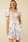 HY7284 Off White Womens Textured Romantic Floral Smocked Puff Sleeve Dress Front