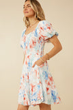 HY7284 Off White Womens Textured Romantic Floral Smocked Puff Sleeve Dress Pose