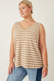 HY7294W Taupe Plus Cable Textured Striped Knit V Neck Tank Pose