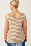 HY7294W Taupe Plus Cable Textured Striped Knit V Neck Tank Back