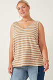 HY7294W Taupe Plus Cable Textured Striped Knit V Neck Tank Front