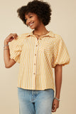 HY7314 Yellow Womens Striped Puff Sleeve Button Up Poplin Shirt Front