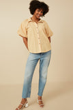 HY7314 Yellow Womens Striped Puff Sleeve Button Up Poplin Shirt Pose