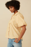 HY7314 Yellow Womens Striped Puff Sleeve Button Up Poplin Shirt Side