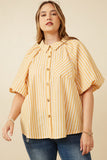 HY7314W Yellow Womens Striped Puff Sleeve Button Up Poplin Shirt Front