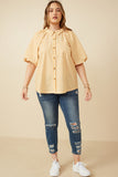 HY7314W Yellow Womens Striped Puff Sleeve Button Up Poplin Shirt Pose